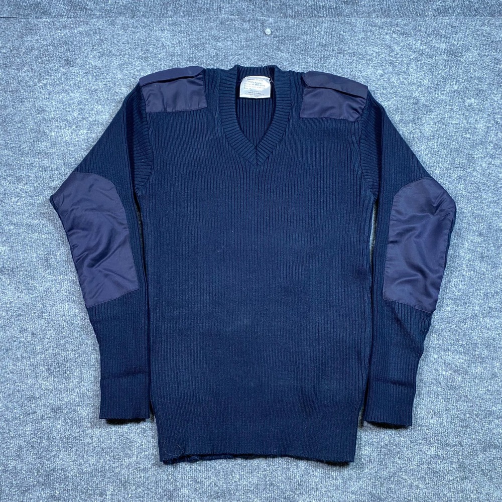 Military Style Navy Blue Ribbed V-Neck Commando Sweater XL Elbow Patches RN37572